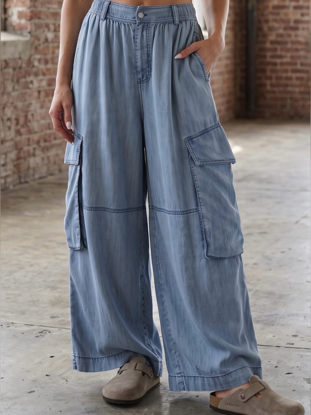 NWT Easel Chambray Denim Cargo Pants Wide Leg Baggy Fit - Picture 8 of 9